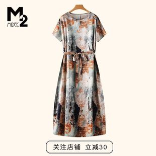 m2女装2025年夏新款宽松大码显瘦印花妈妈短袖桑蚕丝真丝连衣裙