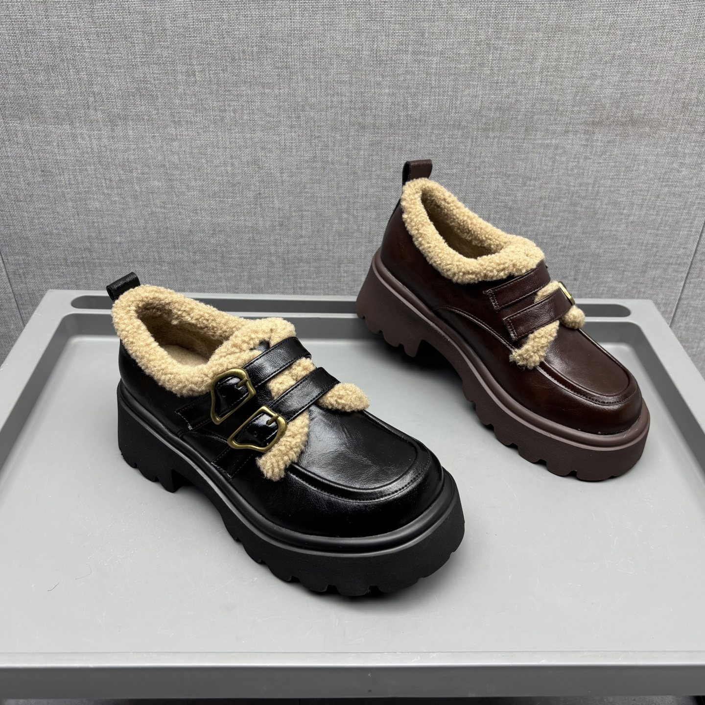 新款撤柜断码冬季真皮加绒乐福鞋女厚底双扣英伦风勃肯鞋深口女鞋
