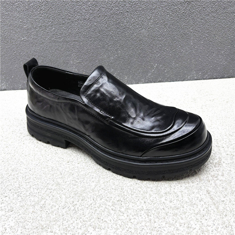 撤柜断码2026春季牛皮男鞋休闲皮鞋圆头中跟套脚商务舒适百搭黑色