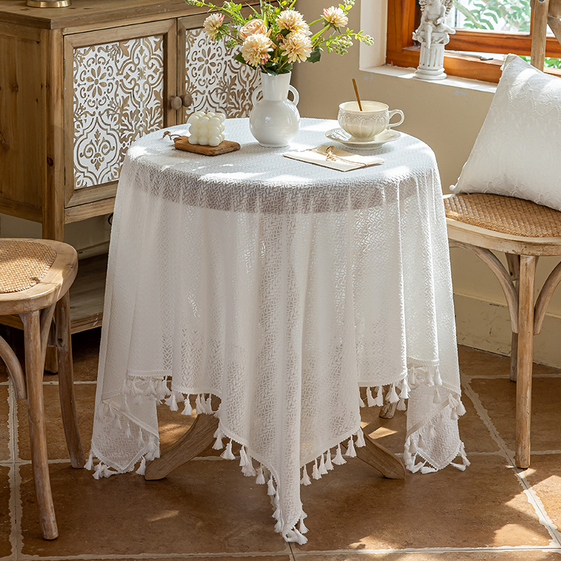 法式复古奶油风美式桌布盖巾蕾丝流苏刺绣小圆桌茶几布床头柜盖