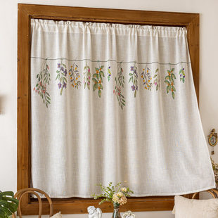 免打孔窗帘门帘美式复古咖啡帘厨房卧室纱橱柜帘隔断帘棉麻感半帘