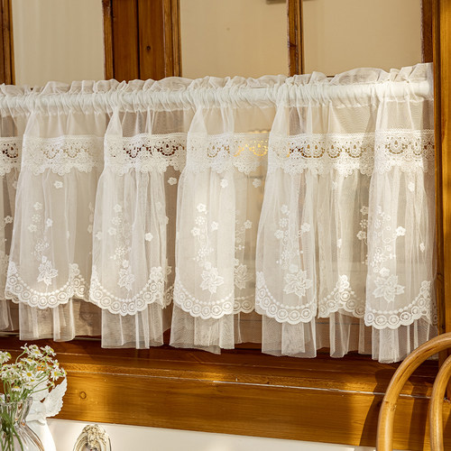 氛围感法式短帘遮挡书柜帘免打孔四季门帘咖啡帘美式飘窗厨房半帘