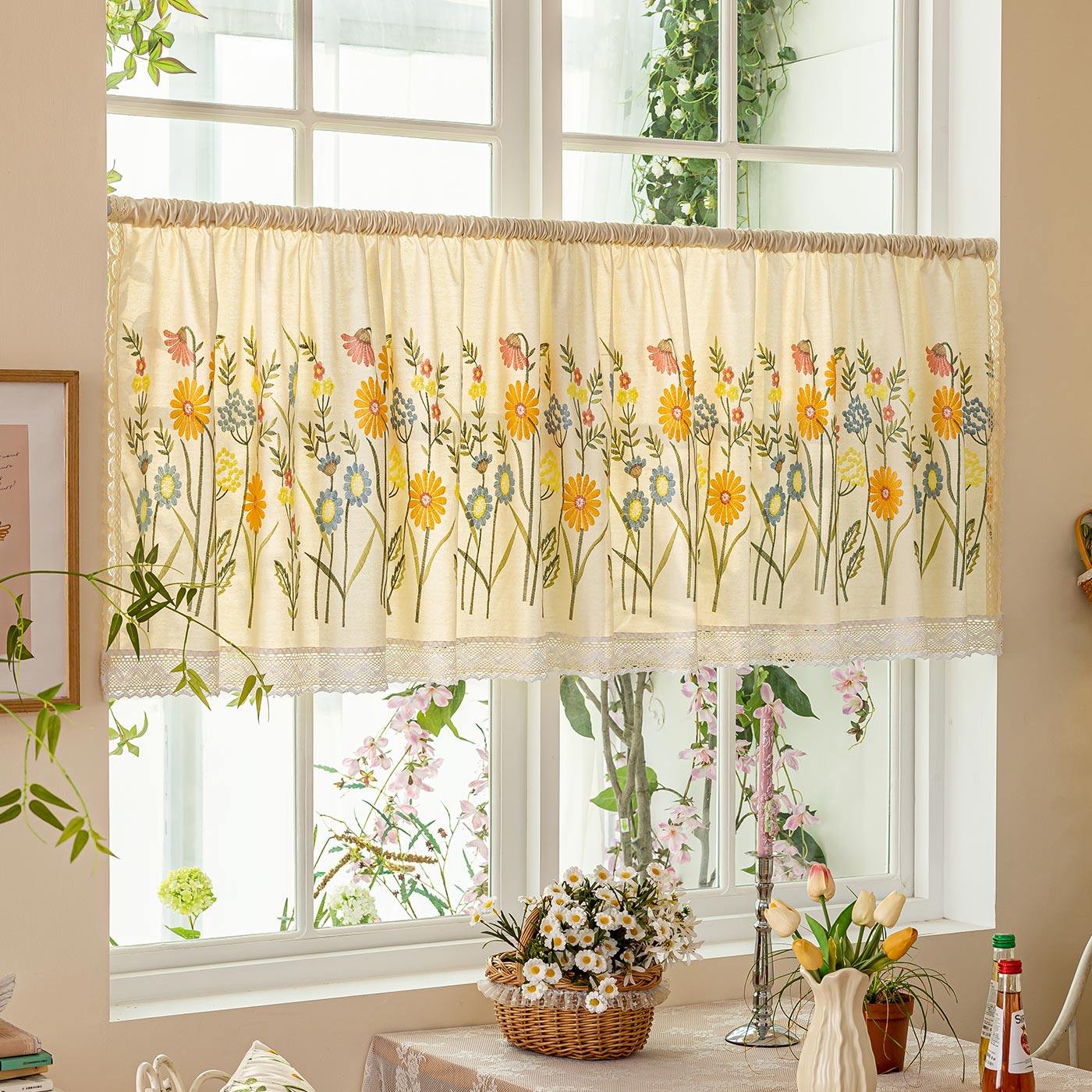 非遗刺绣小雏菊短帘半截帘咖啡帘子隔断遮挡隐私厨房小窗帘门帘头