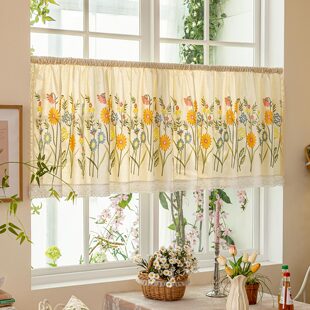 非遗刺绣小雏菊短帘半截帘咖啡帘子隔断遮挡隐私厨房小窗帘门帘头