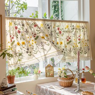 美式田园风花卉刺绣门帘半帘厨房遮挡隐私帘小窗帘遮光帘卧室装饰