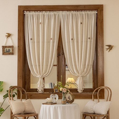 日式简约半帘厨房短帘流苏仿麻窗帘法式田园纱帘飘窗卧室隔断门帘