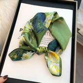 绿色真丝小丝巾高档时尚 百搭春秋100%桑蚕丝小方巾洋气韩国小领巾