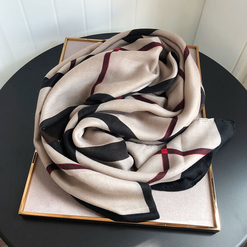 2024春秋新款格子棉麻围巾春秋薄款披肩两用百搭丝巾浅咖围巾长款