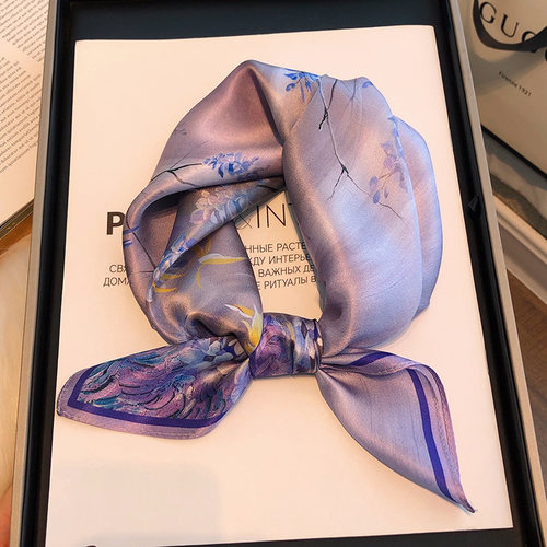 罗兰紫100%真丝丝巾女秋冬小方巾