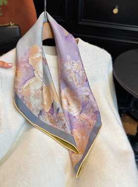 真丝羊毛围巾2025新款丝巾中方巾百搭双面黄紫色桑蚕丝秋冬小领巾