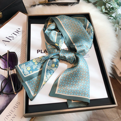 蓝色100%真丝小长条百搭双面双色