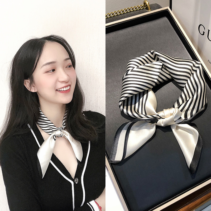 真丝丝巾小方巾女百搭米色条纹桑蚕丝丝巾秋冬薄款韩国小领巾装饰