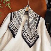 羊毛真丝混纺丝巾女2025新款 中方巾百搭秋冬黑色高级手工边小领巾