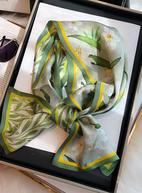 百搭绿色真丝丝巾春秋洋气时尚小长条女100%桑蚕丝发带丝绸小领巾