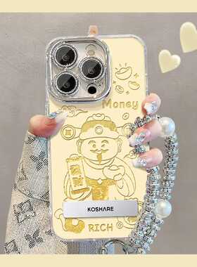 精密孔羽毛纱黄色背景小财神适用于苹果16Promax手机壳iPhone 15 /14/13新款华为Mate60Pro红色背景小财神Pur