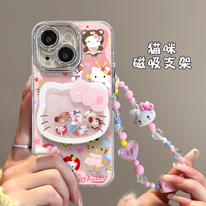 摇摇乐kitty猫磁吸支架适用苹果16promax手机壳iphone15新款14plus羽纱13PRO女12手链11PROMAX卡通可爱全包