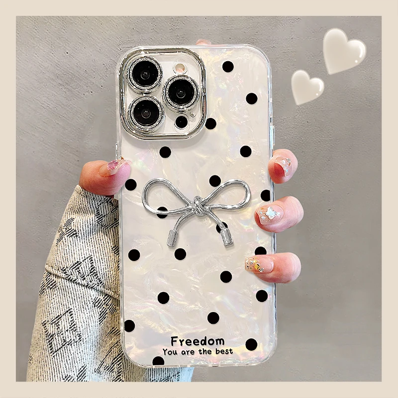 波点蝴蝶结公仔贝壳纹适用苹果16手机壳iphone15/14plus新款不撞壳13PRO女ip12小众11PROMAX创意全包镜头膜