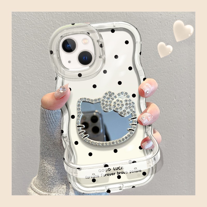 波点KT猫镜子适用苹果16promax手机壳iphone15新款小米14华为mate60pro双支架pura70女NOVA13OPPO荣耀VIVOS20