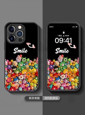黑色小怪兽适用苹果14手机壳iphone13新款12mini女11promax保护套xr钢化玻璃xsmax可爱i7p卡通8plus防摔6sp