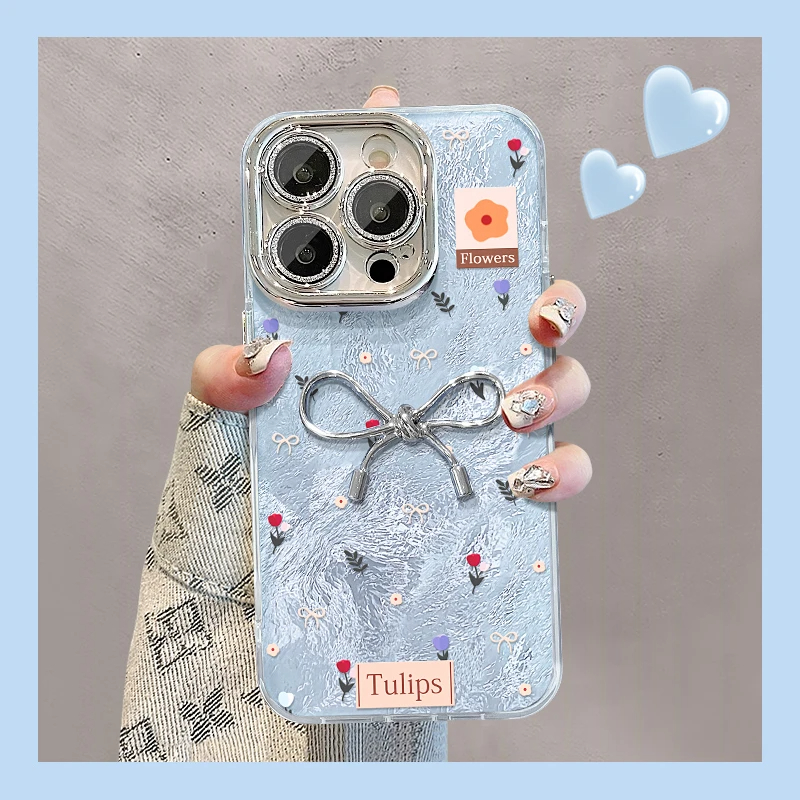 金属银蝴蝶结适用苹果16PROMAX手机壳iphone15/14Pro冰川纹华为mate60pro女Pura70荣耀300新款Reno13/S20小米