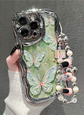 电镀银油画风绿色蝴蝶适用OPPOReno11手机壳findx7新款reno10/9/8/7/6/5K/4SE小清新a2创意a1pro个性k11/a93s