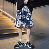 男夏季 薄款 花短裤 泼墨复古国潮沙滩裤 冰丝速干潮牌宽松休闲中裤 子