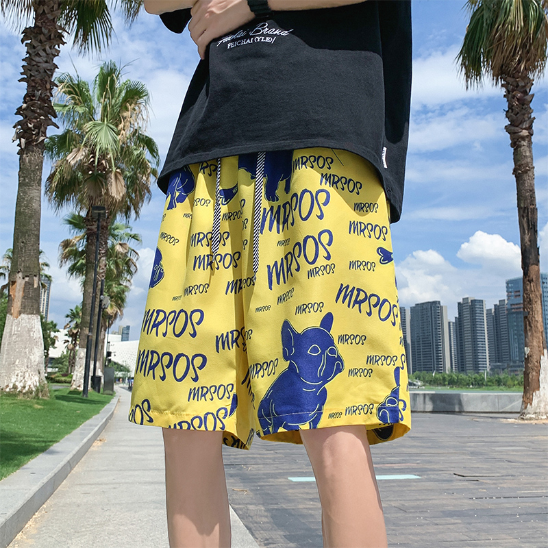 冰丝花短裤男夏季薄款宽松速干沙滩裤五分潮流卡通印花透气休闲裤