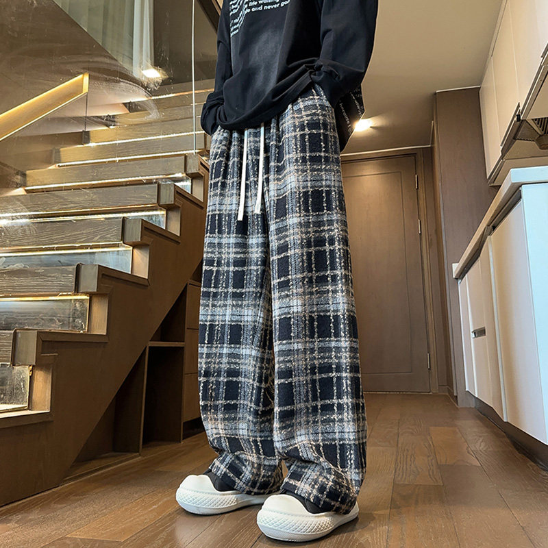 美式vibe高街运动卫裤男春季新款重磅直筒格子休闲裤潮牌阔腿裤子