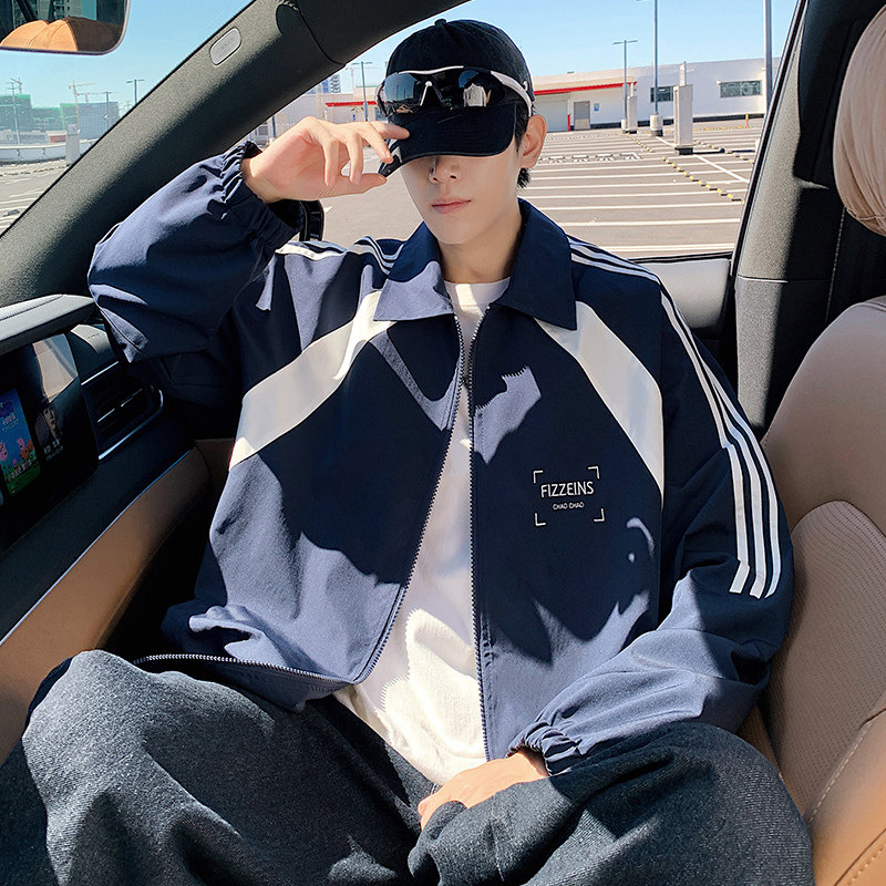 夹克男秋冬季新款美式开衫条纹立领上衣大码宽松潮牌拉链休闲外套