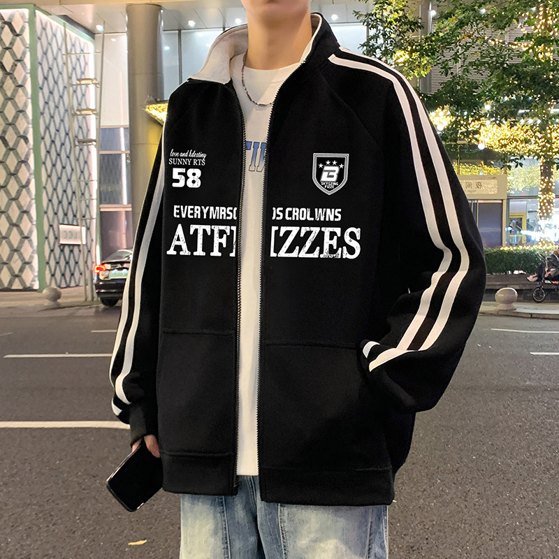 翻领卫衣男春秋季2026新款拉链开衫条纹上衣美式休闲潮牌大码外套