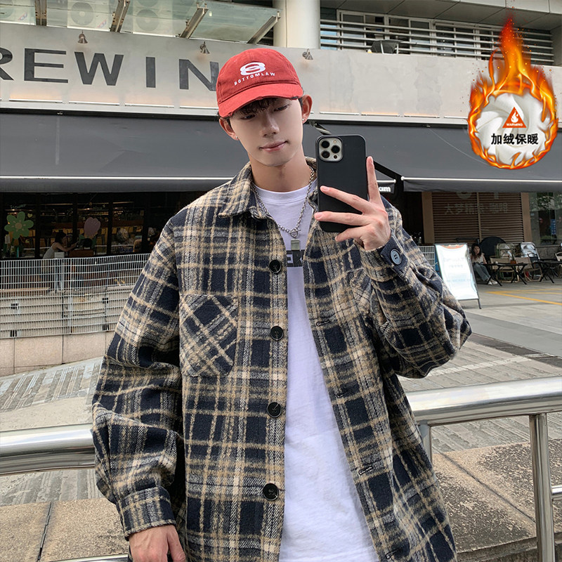 复古翻领宽松衬衫男春秋季2026新款加绒厚款拼色外套大码休闲衬衣