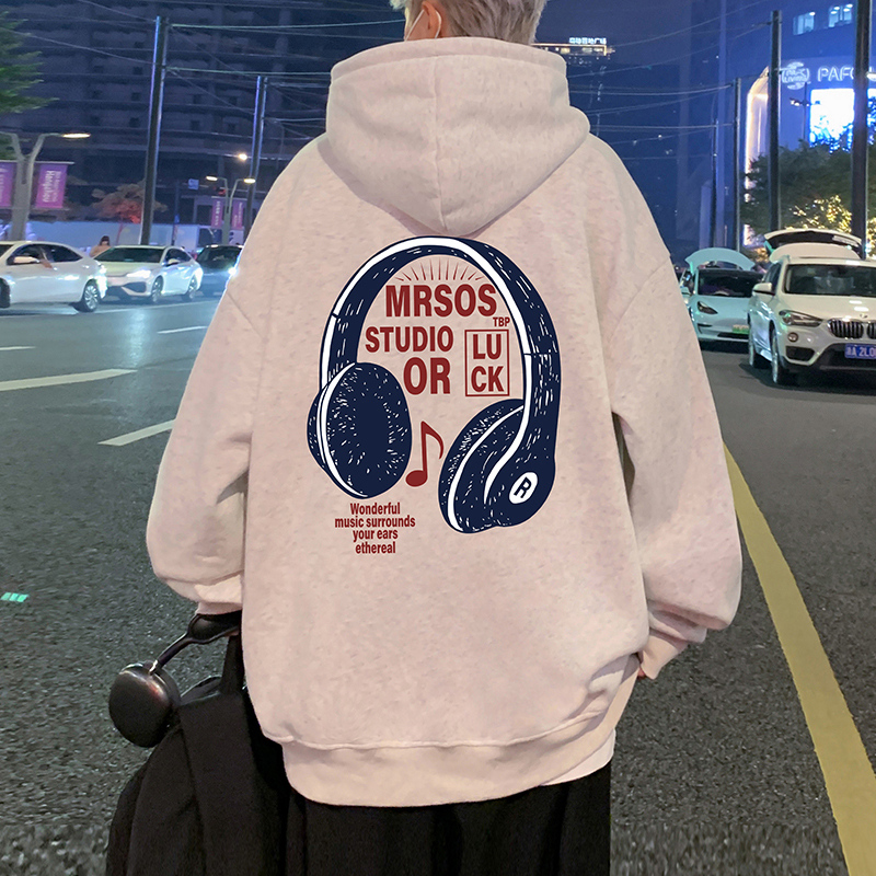 潮流宽松耳机印花美式连帽卫衣