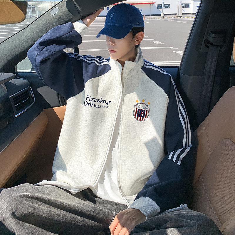 立领卫衣男春秋季新款美式休闲三条杠宽松外套拼接拉链开衫上衣服