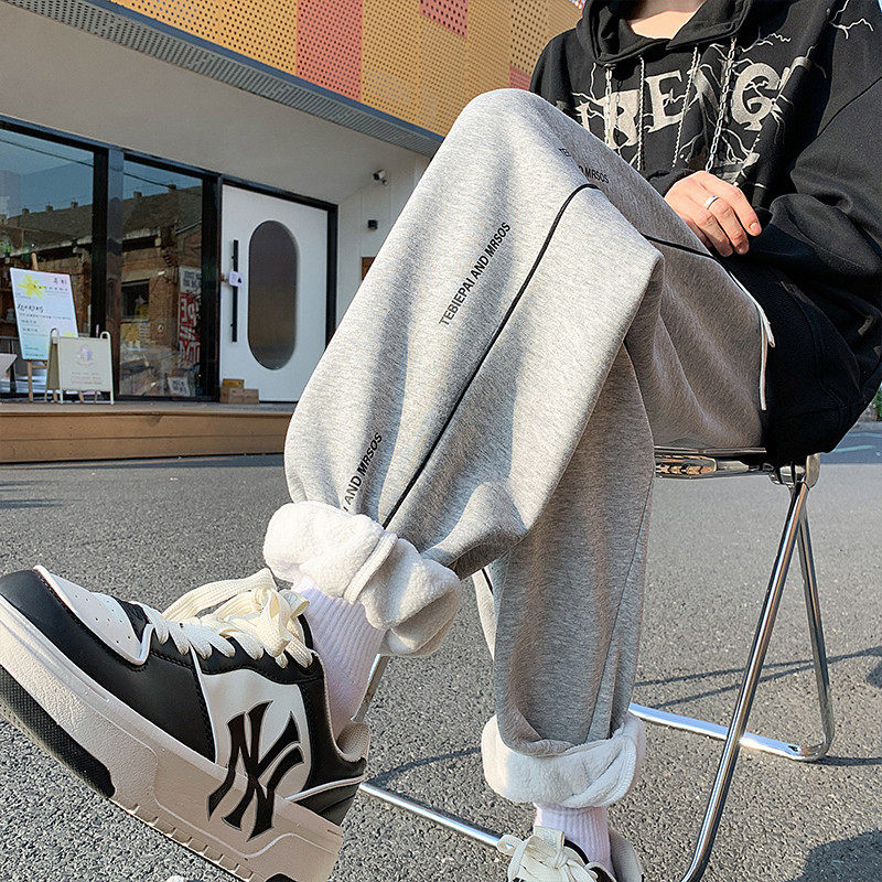 加绒卫裤男秋冬季新款宽松运动裤子潮流侧边条纹加厚保暖休闲长裤