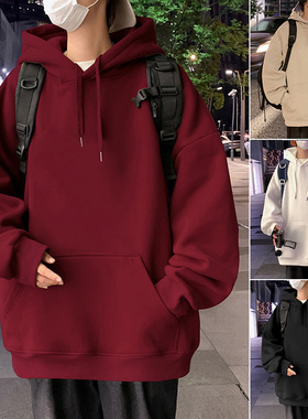 酒红色春秋季卫衣男重磅宽松oversize情侣2026新款美式连帽外套潮