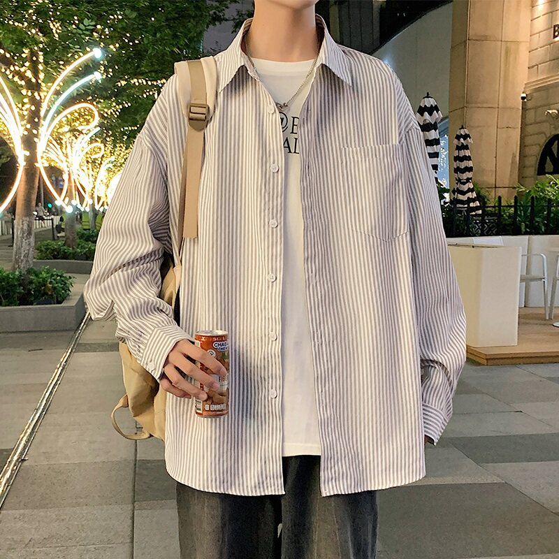 2026春季新款潮牌条纹衬衫男女美式复古宽松休闲长袖衬衣情侣外套