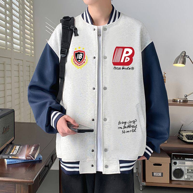开衫卫衣男春秋季新款单排扣休闲外套oversize潮流立领棒球服上衣