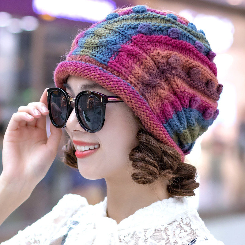 帽子女冬天韩版百搭卷边毛线帽加绒保暖休闲包头帽手工编织针织帽