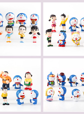 蓝色猫咪8款玩具生日蛋糕装饰品烘焙公仔大雄胖虎蓝色小猫8件套