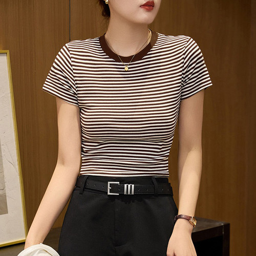 高腰短款修身显瘦条纹t恤女短袖