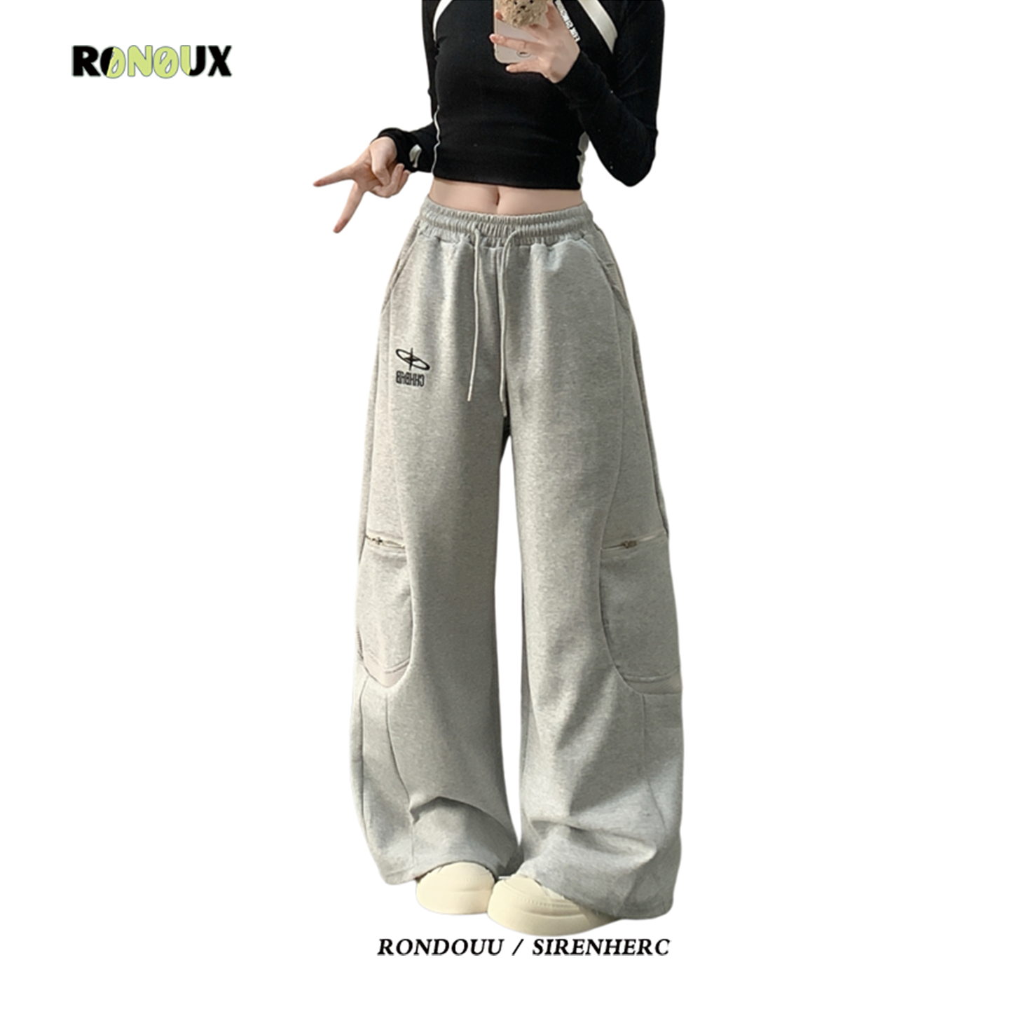 阔腿灰色卫裤美式hiphop街舞裤子