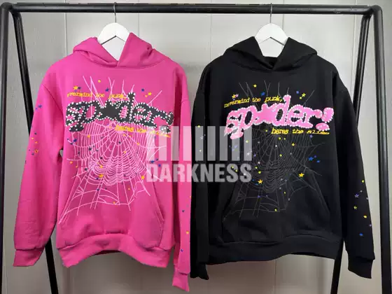 In-Stock Sp5Der Spider Web Pink V2 Foam Logo Black and Pink Trendy Hoodie Sweatshirt