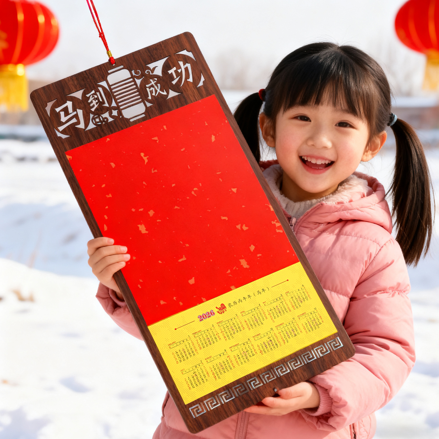 中国风木质镂空挂历2026年新款空白宣纸挂历创意diy日历书法国画创作专用半生熟日历挂件万年红定制装饰福字