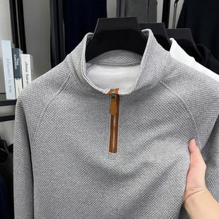 拉链半高领卫衣男款秋季纯色百搭t恤男装中领套头上衣服宽松青年