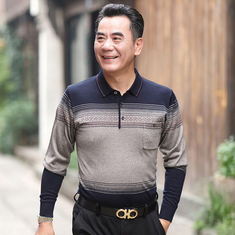 春秋季长袖T恤男羊毛衫薄款翻领口袋丅恤中老年爸爸纯色打底针织