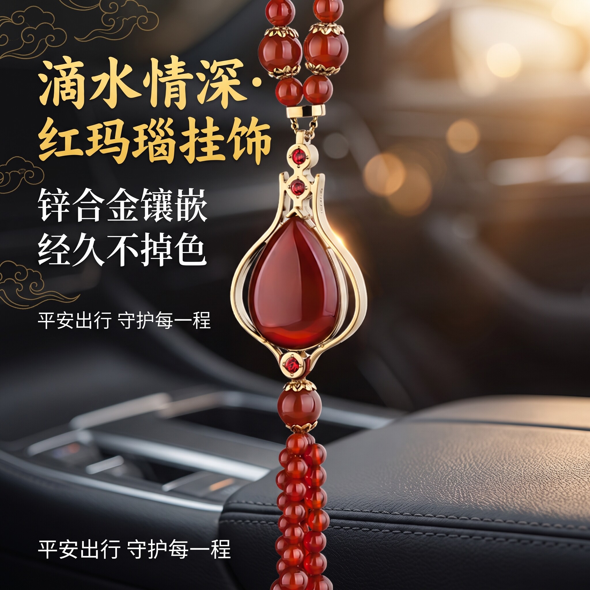 天然红玛瑙珠车挂平安吊饰