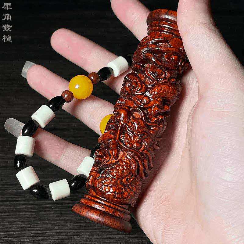 【普陀寺现货】犀角紫檀盘龙柱手把件盘龙圆柱聚气生财生生不息KK