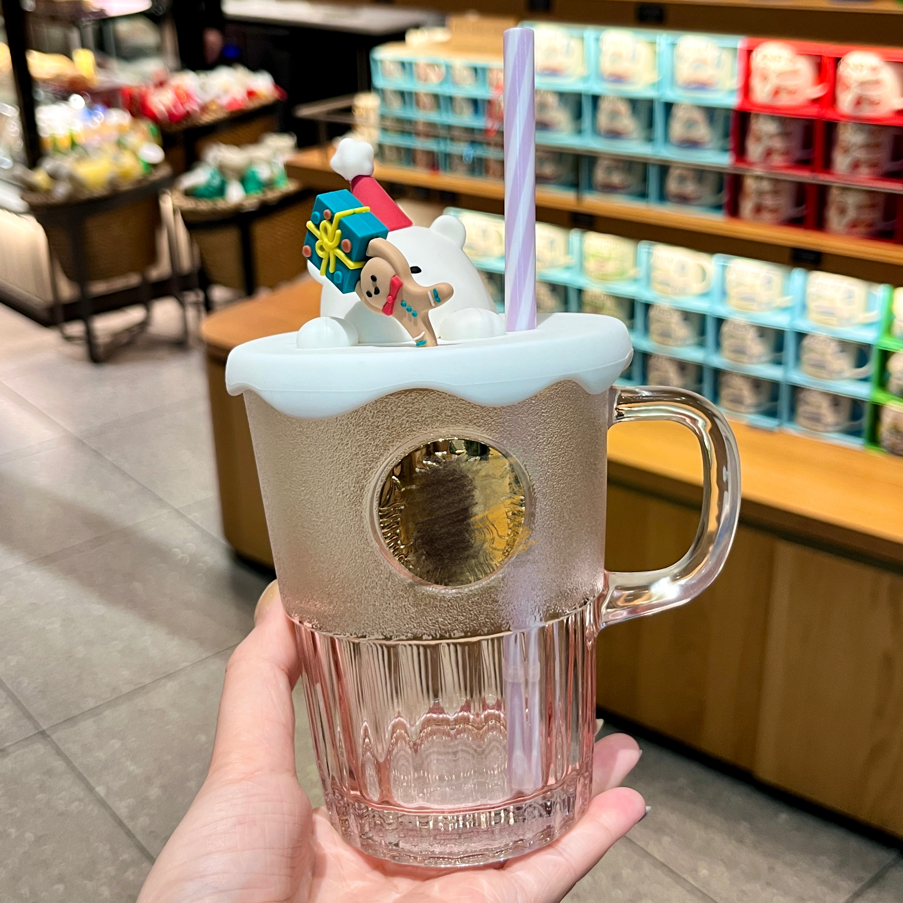 圣诞节萌宠杯子粉紫色渐变吸管玻璃杯限量可爱喝水杯咖啡杯礼物