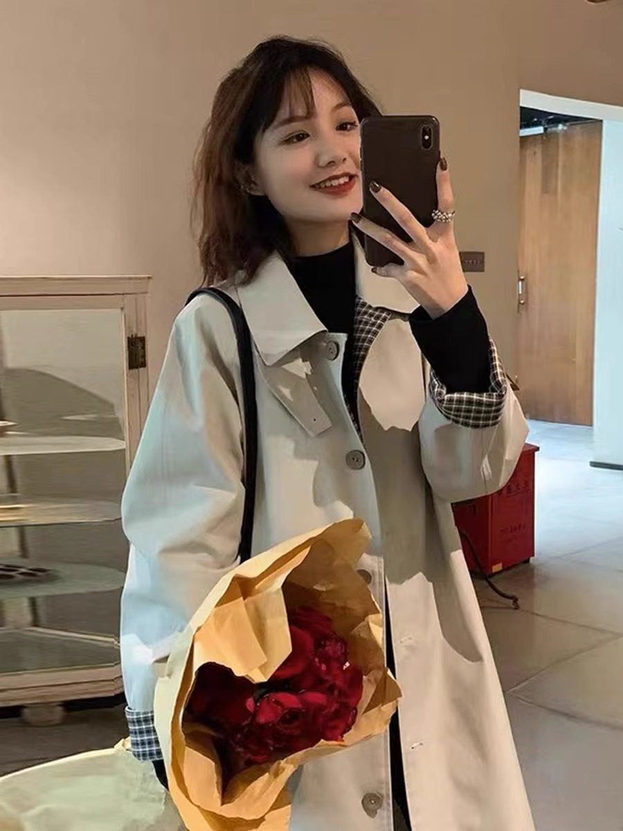 风衣外套女2023春秋新款中长款格纹小个子chic高级感英伦复古大衣