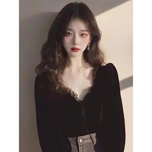 法式赫本风黑色丝绒上衣女2024早秋新款绝美公主风独特超好看衬衫